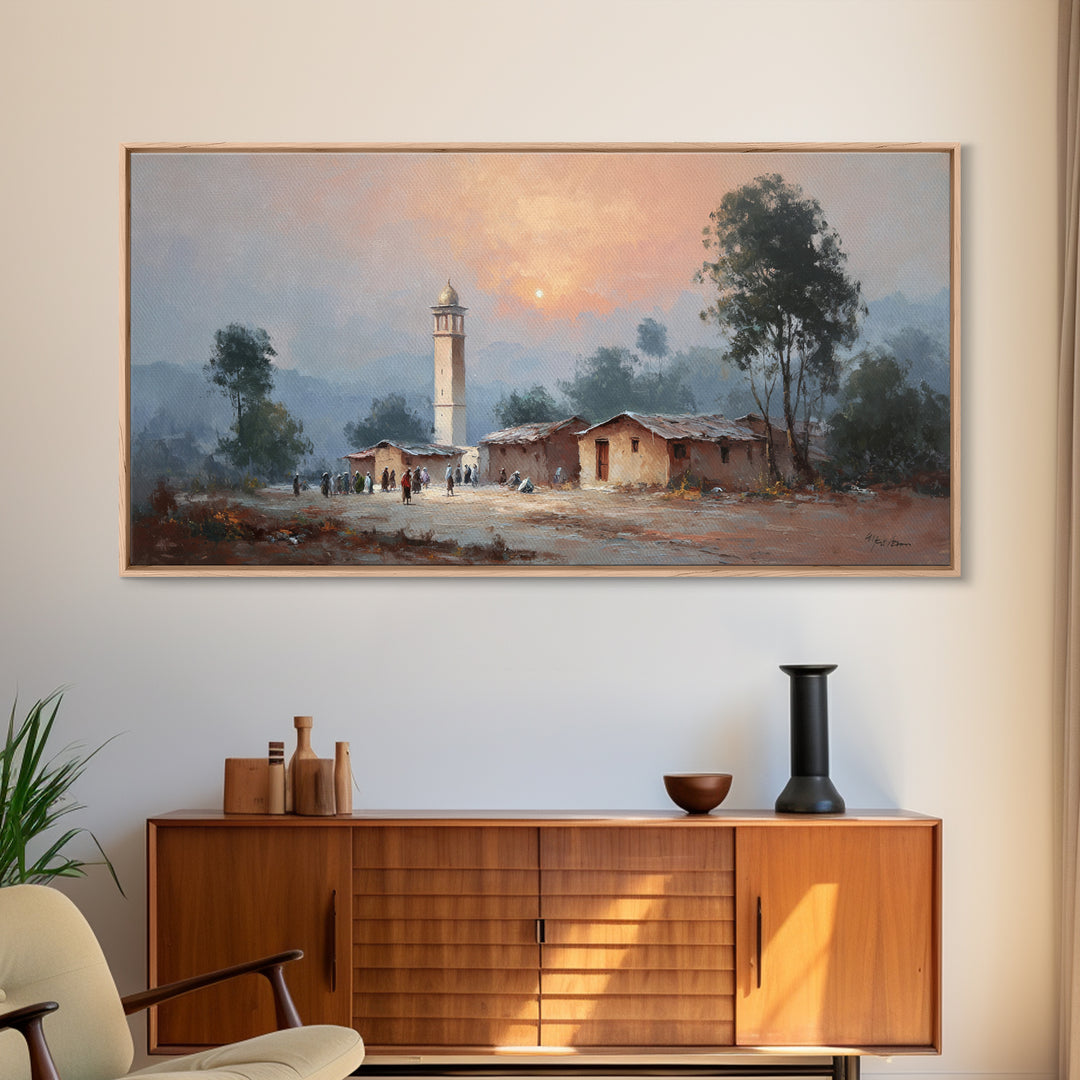 Sunset Mosque Village And Misty Rural Landscape Canvas Print, Country Wall Art, Rustic Home Decor, Housewarming Gift, Fine Art Print