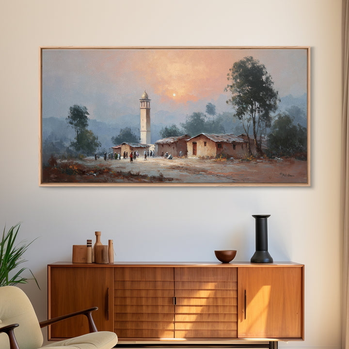 Sunset Mosque Village And Misty Rural Landscape Canvas Print, Country Wall Art, Rustic Home Decor, Housewarming Gift, Fine Art Print