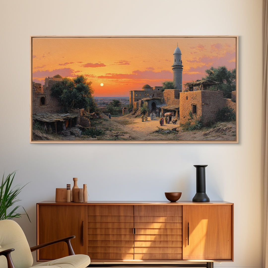 Sunset Village With Stone Mosque Wall Art, Middle Eastern Travel Poster, Islamic Home Decor, Warm Landscape Print, Gift Idea