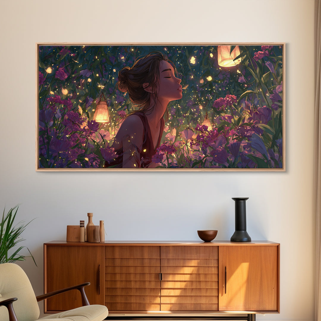 Dreamy Woman In Lantern Flower Garden Wall Art, Fantasy Canvas Print, Whimsical Floral Decor, Feminine Bedroom Gift For Her