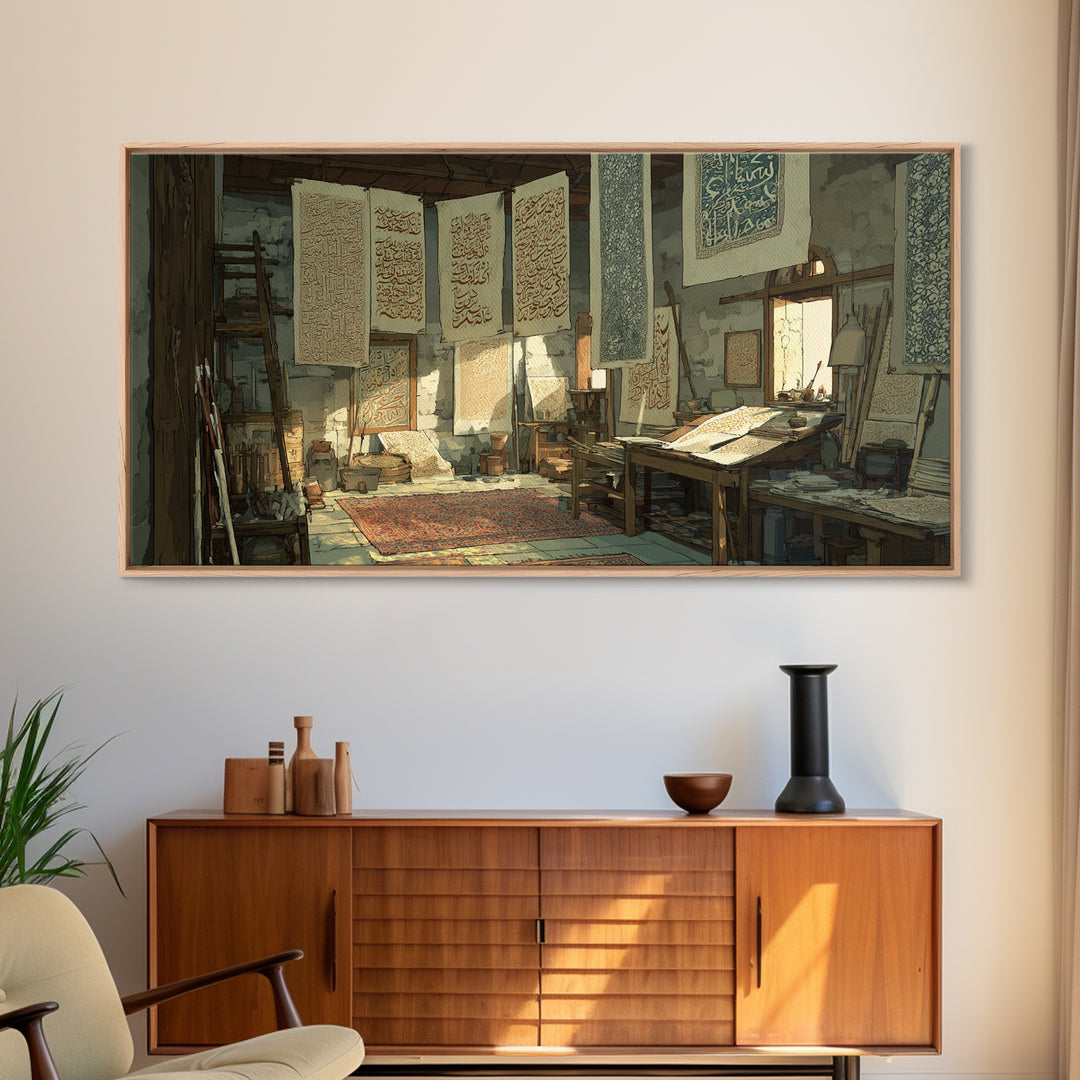 Sunlit Arabic Calligraphy Studio Wall Art, Islamic Art Print, Persian Decor, Prayer Room Canvas Print, Unique Housewarming Gift