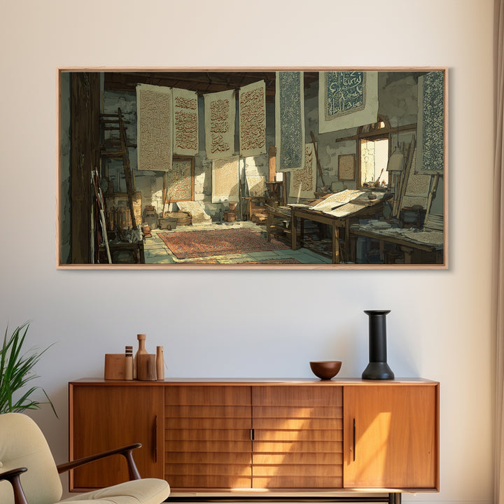 Sunlit Arabic Calligraphy Studio Wall Art, Islamic Art Print, Persian Decor, Prayer Room Canvas Print, Unique Housewarming Gift