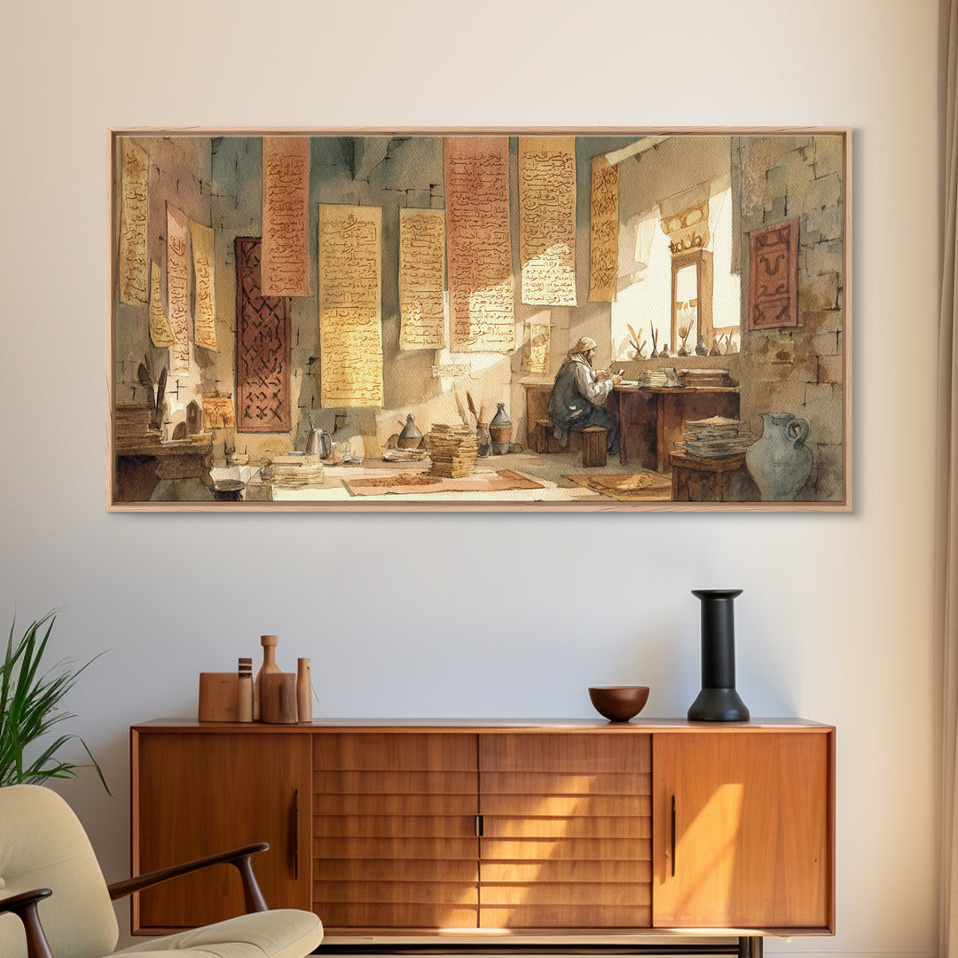 Sunlit Scribe Study Wall Art, Ancient Manuscripts Canvas, Scholarly Library Decor, Historical Calligraphy Art Print Gift