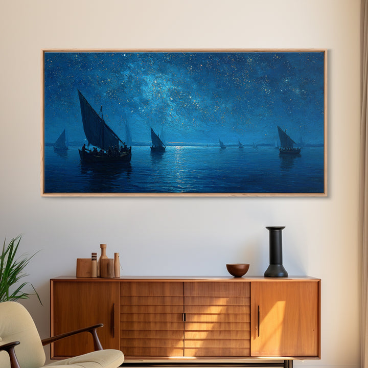 Starry Blue Night Sailboats Canvas Print, Nautical Seascape Wall Art, Coastal Bedroom Decor, Ocean Housewarming Gift For Her
