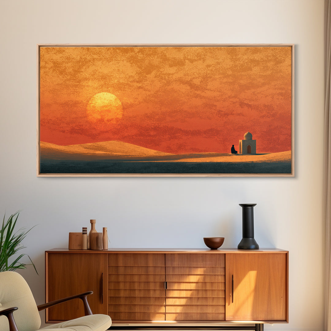 Desert Mosque At Orange Sunset Canvas Print, Islamic Wall Art, Moroccan Decor, Spiritual Art, Minimalist Home Decor Gift