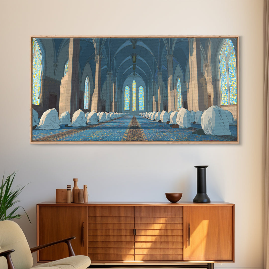 Praying Worshippers In Blue Mosque Framed Canvas Print, Islamic Wall Art, Spiritual Home Decor, Ramadan Housewarming Gift
