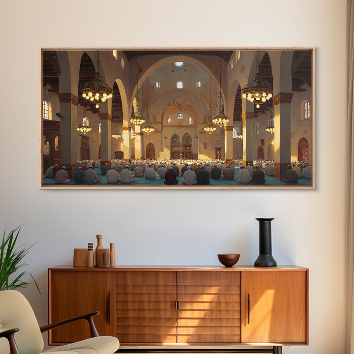 Sunlit Mosque Prayer Hall Wall Art, Islamic Home Decor, Arabic Architecture Print, Ramadan Gift, Spiritual Living Room Decor