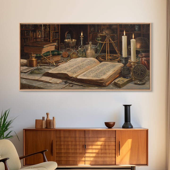 Alchemy Library Manuscript Wall Art, Dark Academia Canvas Print, Occult Still Life, Gothic Office Decor, Book Lover Gift