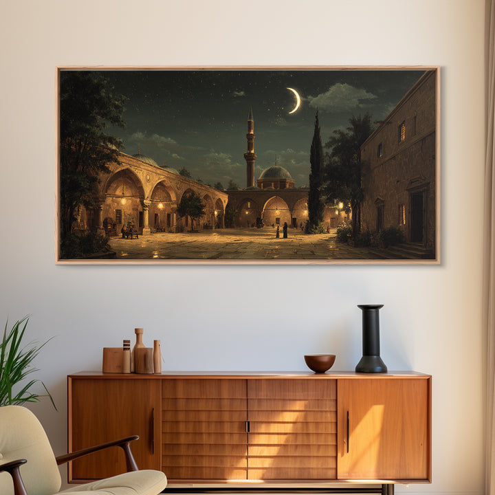 Crescent Moon Mosque Courtyard Wall Art, Islamic Framed Canvas Print, Celestial Night Decor For Prayer Room And Living Room