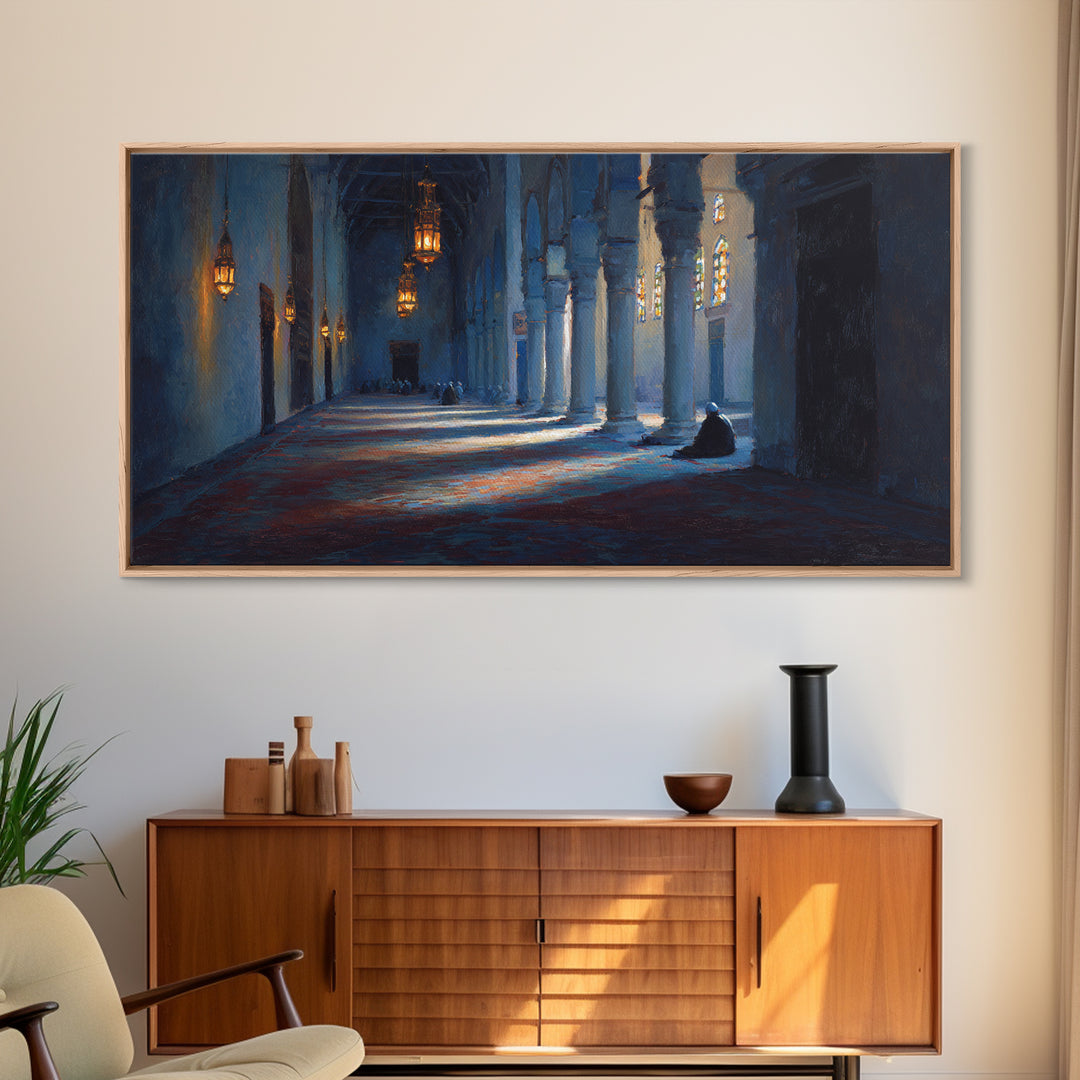 Blue Mosque Prayer Hall Wall Art, Moody Islamic Interior Canvas Print, Lantern Light, Spiritual Home Decor For Meditation