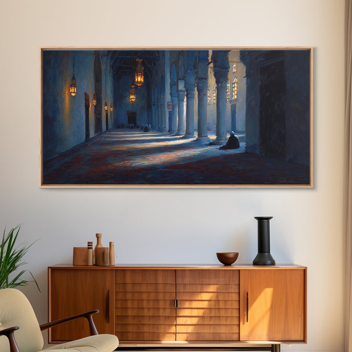 Blue Mosque Prayer Hall Wall Art, Moody Islamic Interior Canvas Print, Lantern Light, Spiritual Home Decor For Meditation