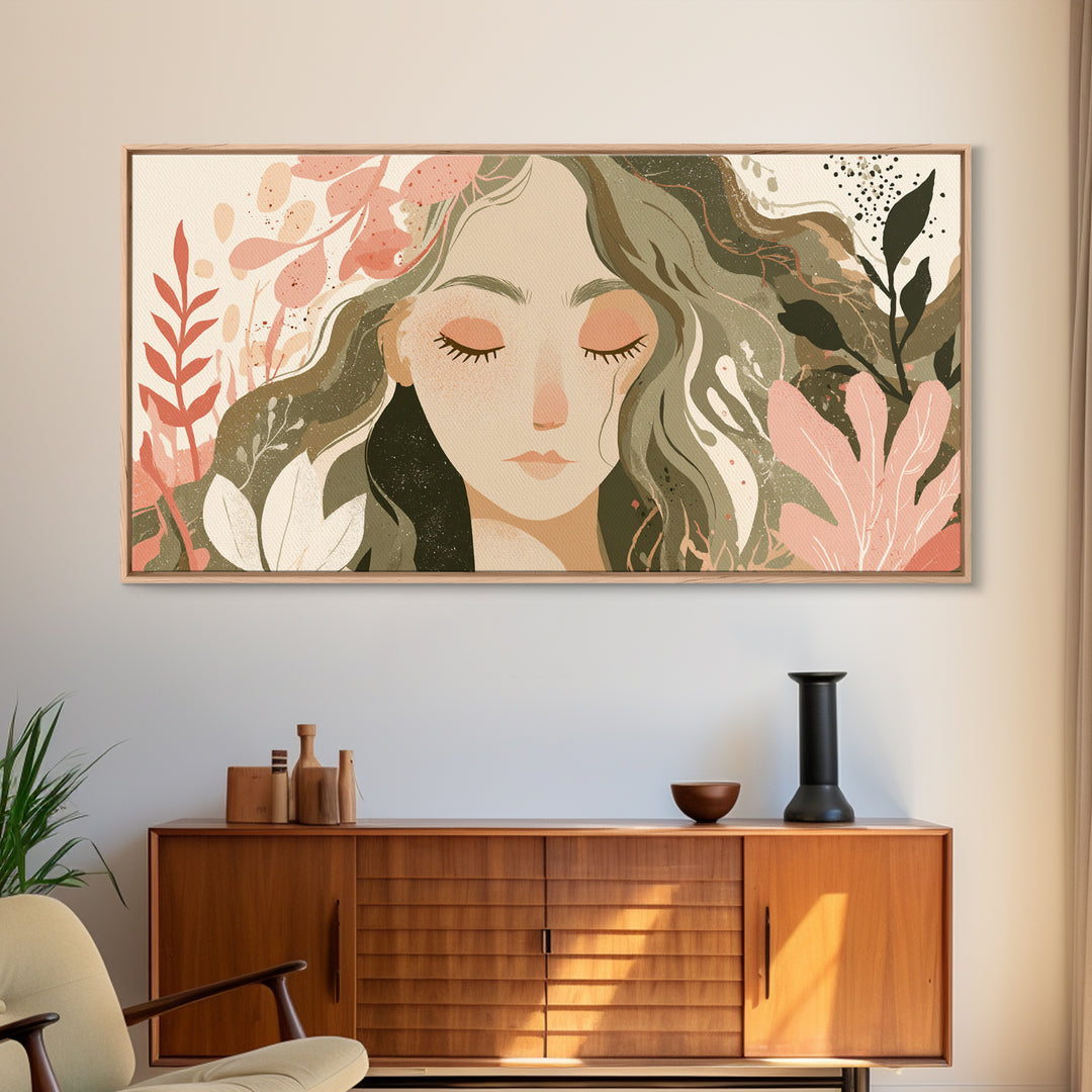 Serene Floral Woman Portrait Wall Art, Boho Botanical Canvas Wall Decor, Feminine Neutral Living Room Art Print, Gift For Her