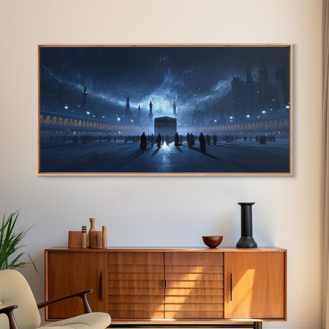 Kaaba Under Starry Blue Night Wall Art, Islamic Architecture Canvas Print, Ramadan Decor, Spiritual Travel Poster Gift Idea