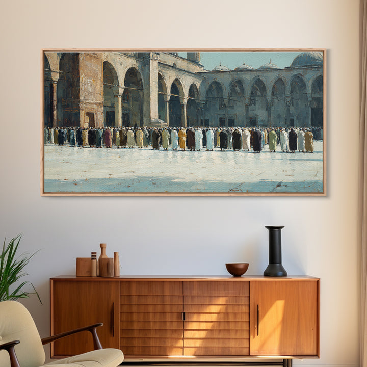 Islamic Courtyard Prayer Gathering Wall Art, Mosque Architecture Canvas Print, Muslim Home Decor, Ramadan Eid Spiritual Gift