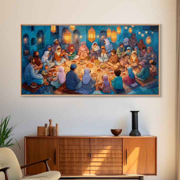 Ramadan Iftar Family Feast Under Lanterns Canvas Print, Islamic Wall Art, Eid Decor, Muslim Home Decor, Housewarming Gift