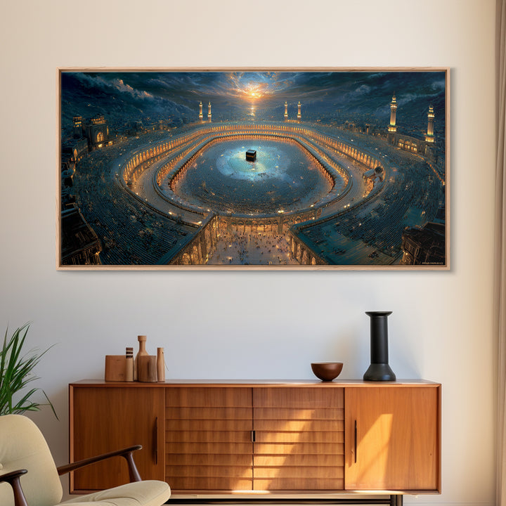 Aerial Kaaba Pilgrimage Wall Art, Islamic Framed Canvas Print, Mecca Mosque Spiritual Decor, Eid Muslim Housewarming Gift