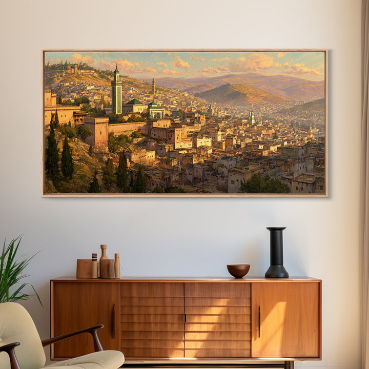 Golden Moroccan Medina Cityscape Canvas Print, Travel Poster Wall Art For Living Room Decor And Elegant Morocco Wall Decor