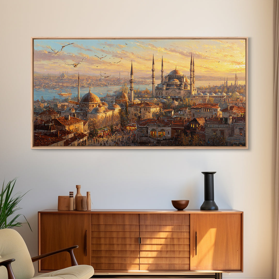Istanbul Mosque Skyline At Sunset Wall Art, Turkish Travel Poster, Islamic Architecture Canvas Print, Warm City Living Room Decor