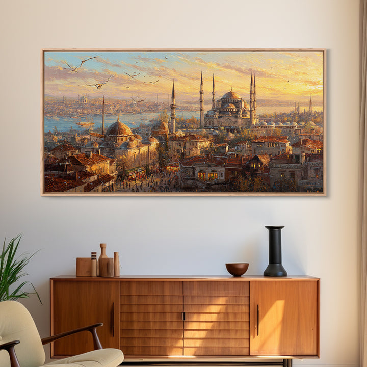 Istanbul Mosque Skyline At Sunset Wall Art, Turkish Travel Poster, Islamic Architecture Canvas Print, Warm City Living Room Decor