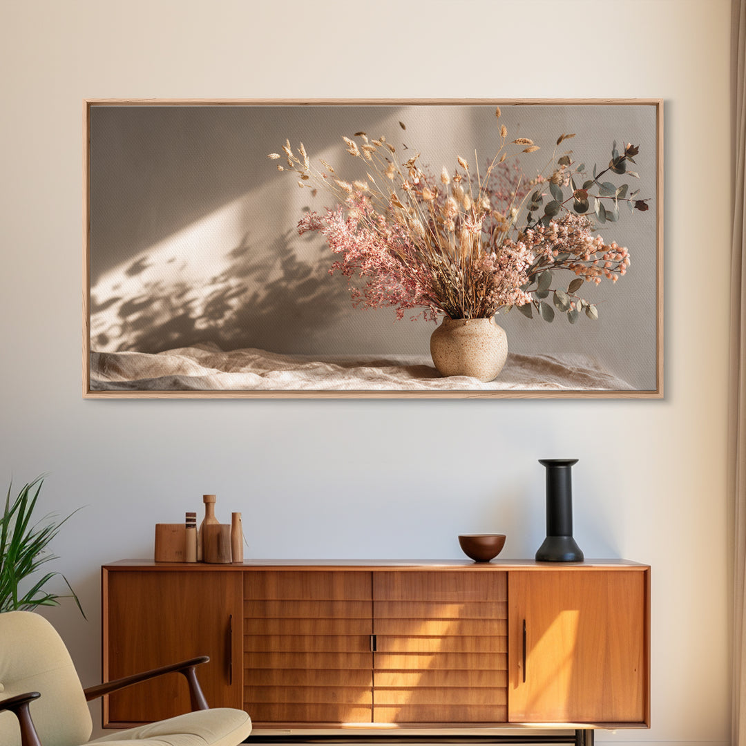 Blush Dried Floral Bouquet In Ceramic Vase Framed Canvas Print, Neutral Boho Wall Art, Earth Tone Living Room Decor Gift