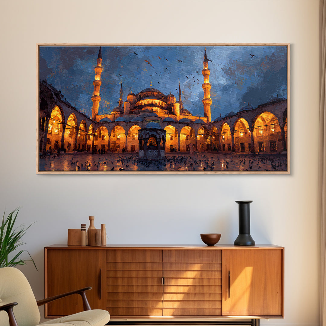 Illuminated Mosque Courtyard Wall Art, Islamic Architecture Canvas Print, Blue Evening Decor, Prayer Room Decor, Eid Gift