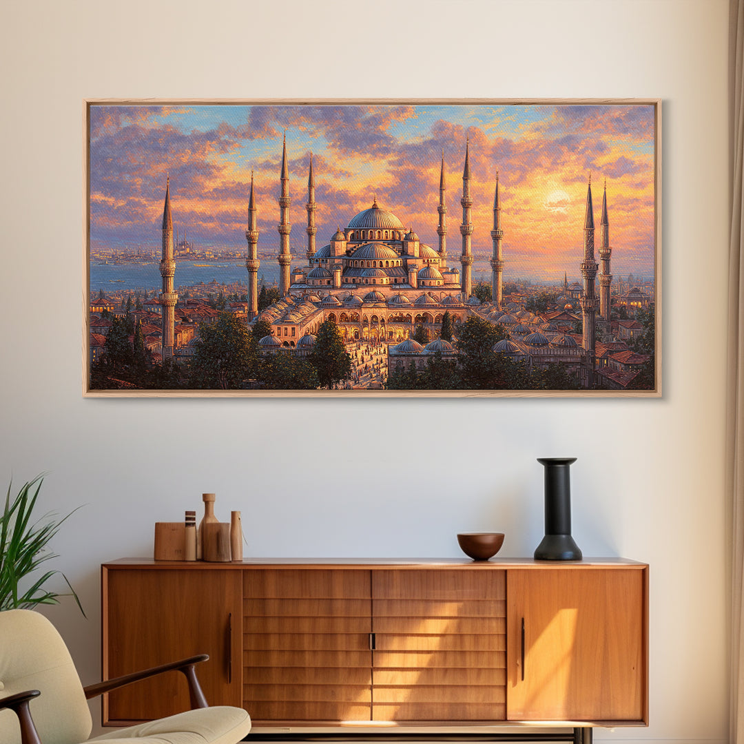 Sunset Blue Mosque Canvas Print, Istanbul Islamic Architecture Wall Art, Travel Poster Decor For Elegant Living Room Home Decor