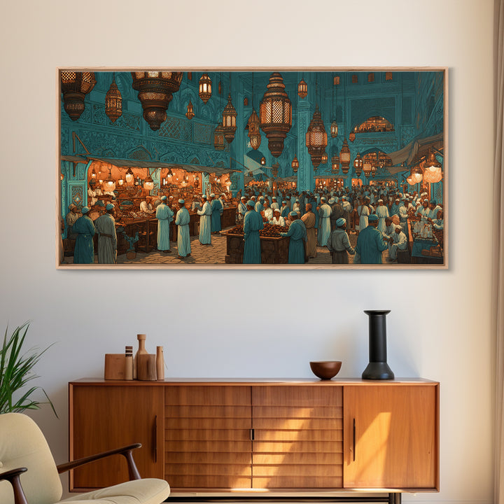 Moroccan Lantern Market Wall Art, Teal Souk Scene, Islamic Architecture Print, Middle Eastern Home Decor, Ramadan Gift For Living Room