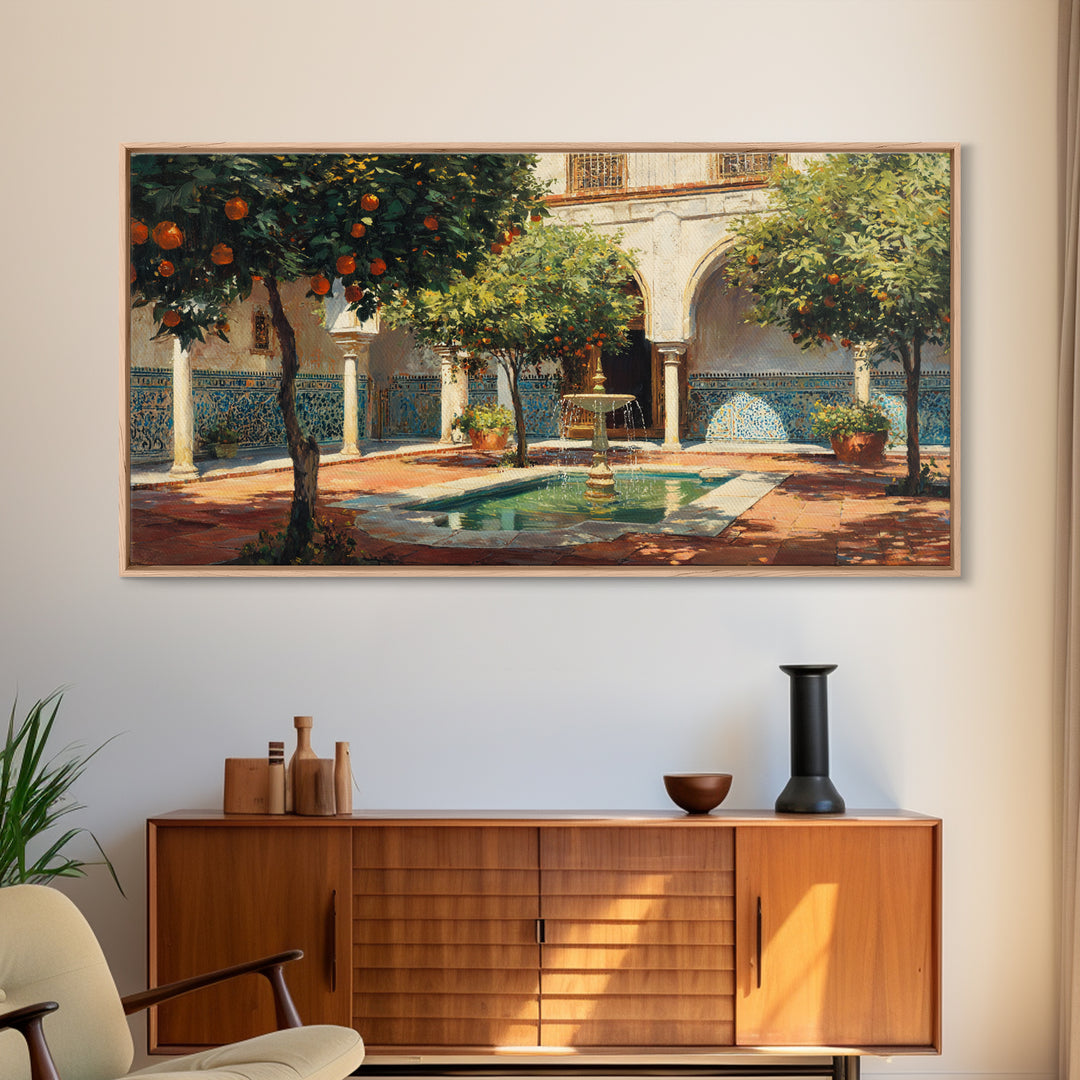 Moroccan Courtyard With Orange Trees Framed Canvas Print, Mediterranean Wall Art, Islamic Architecture Home Decor Gift Idea