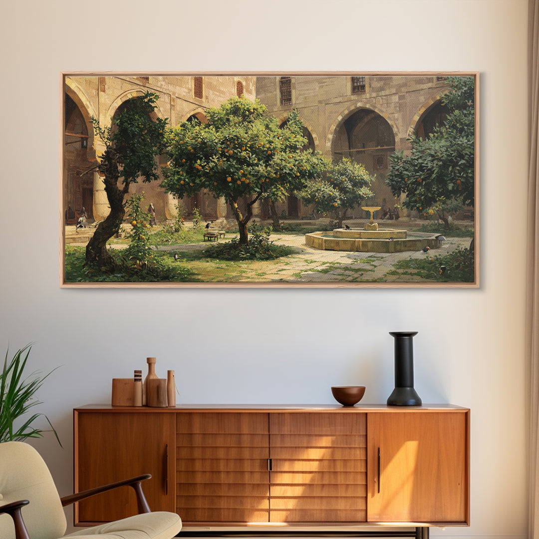 Orange Tree Courtyard Wall Art, Mediterranean Garden Canvas Print, Italian Villa Decor, Rustic Landscape, Housewarming Gift