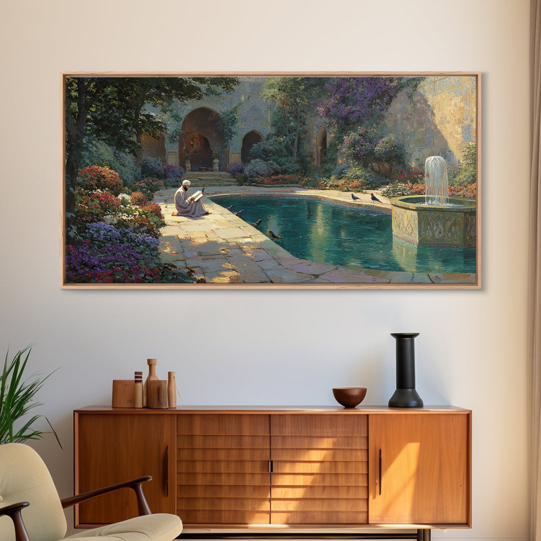 Serene Courtyard Garden With Fountain Wall Art, Mediterranean Canvas Print, Islamic Architecture, Peaceful Reading Nook Decor