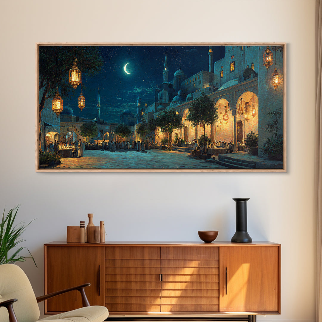 Moonlit Middle Eastern Market Street Wall Art, Islamic Architecture Canvas Print, Ramadan Decor, Moroccan Night Poster, Eid Gift