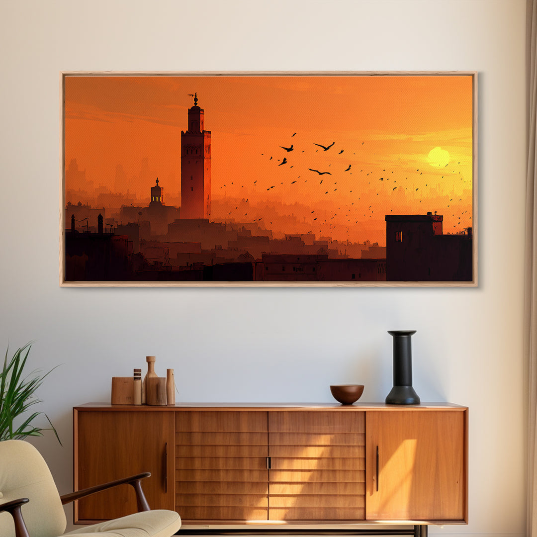 Orange Marrakech Skyline Wall Art, Moroccan Tower Sunset Canvas Print, Travel Poster, Islamic Architecture, Warm Home Decor