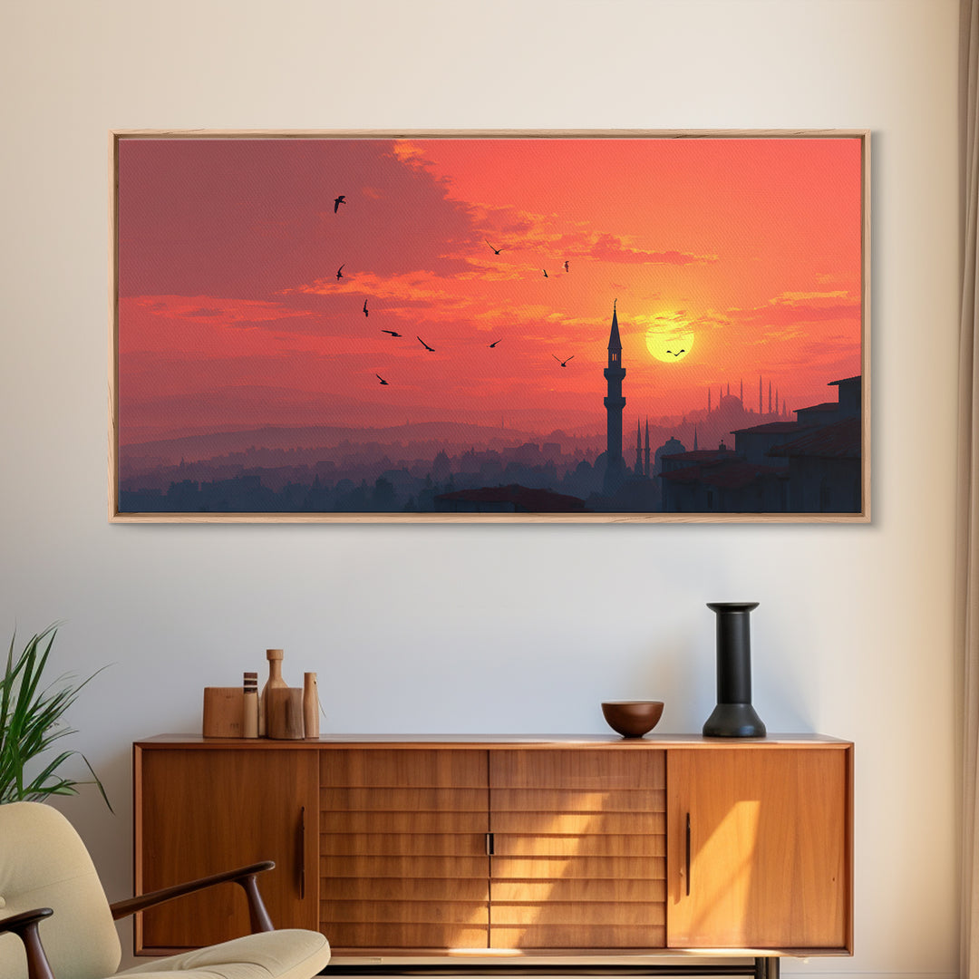 Istanbul Sunset Minaret Skyline Wall Art, Turkish Travel Poster For Living Room Decor, Orange Wall Decor And Housewarming Gift