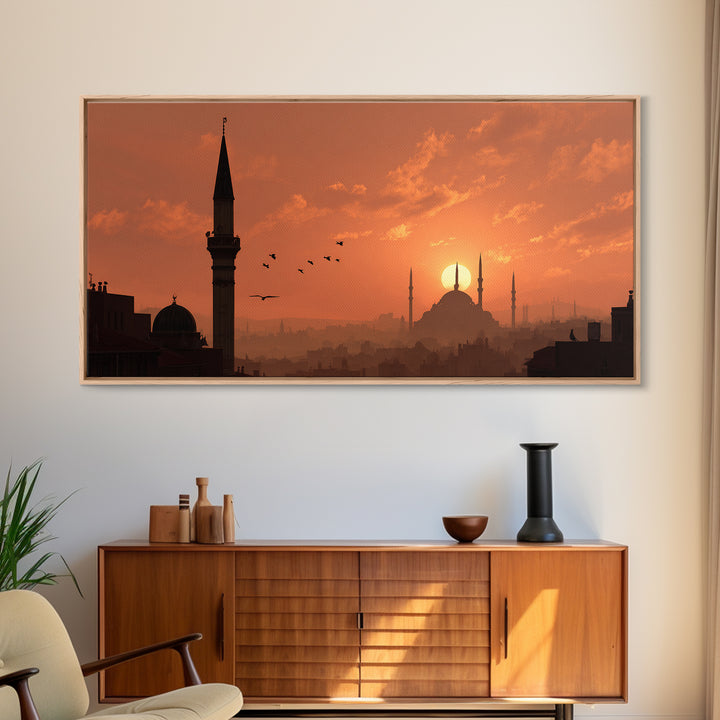 Orange Mosque Skyline At Sunset Wall Art, Islamic Architecture Print, Middle Eastern Decor, Ramadan Eid Gift For Home Decor