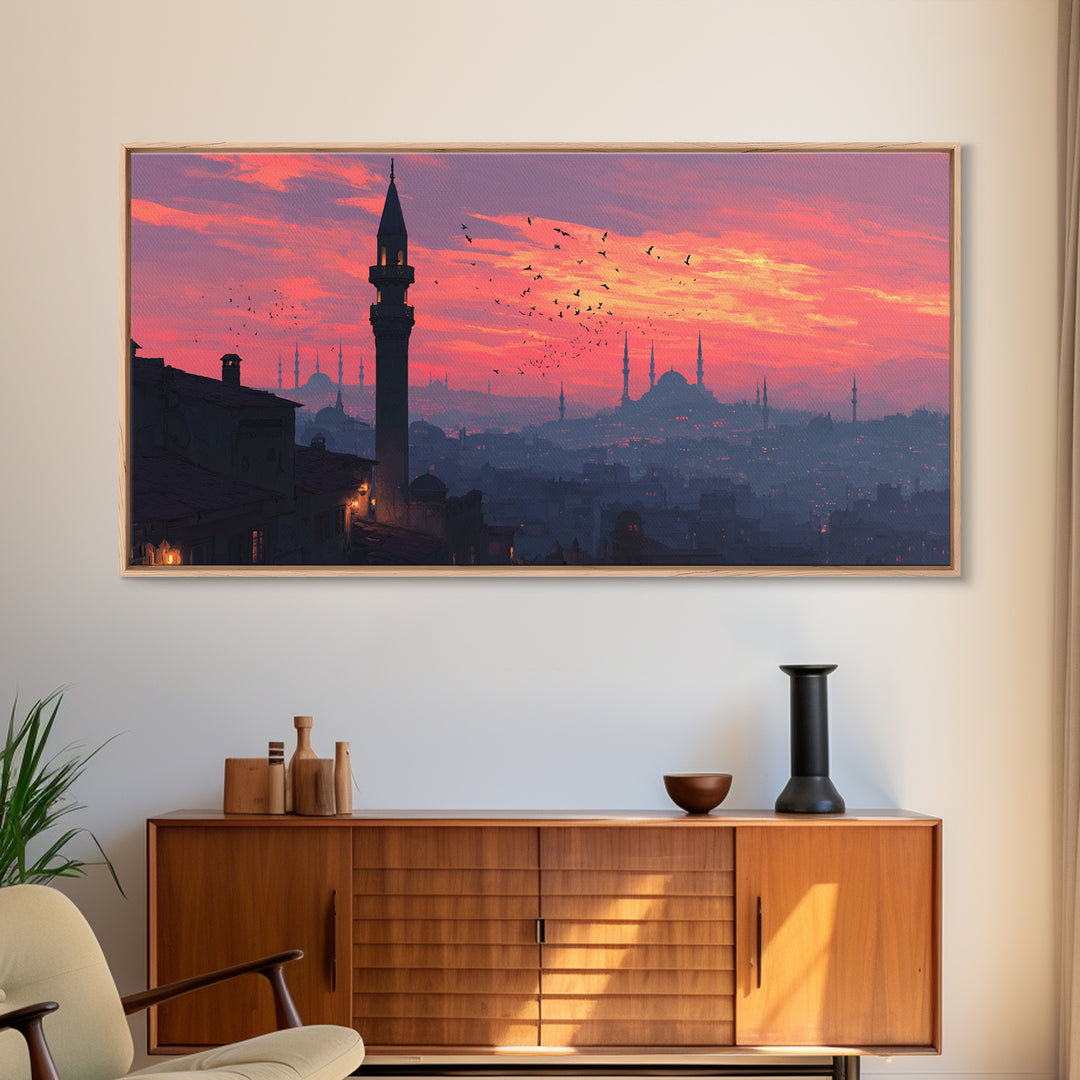 Istanbul Minarets At Pink Sunset Wall Art, Turkish Skyline Canvas Print, Middle Eastern Decor, Travel Poster, Islamic Art