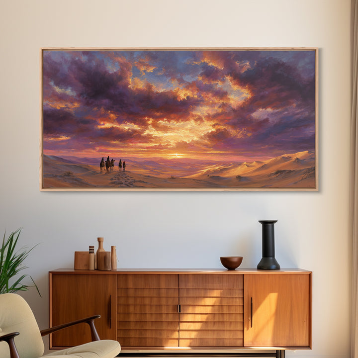 Desert Caravan At Purple Sunset Wall Art, Arabian Landscape Canvas Print, Dunes Travel Poster, Warm Boho Home Decor Gift