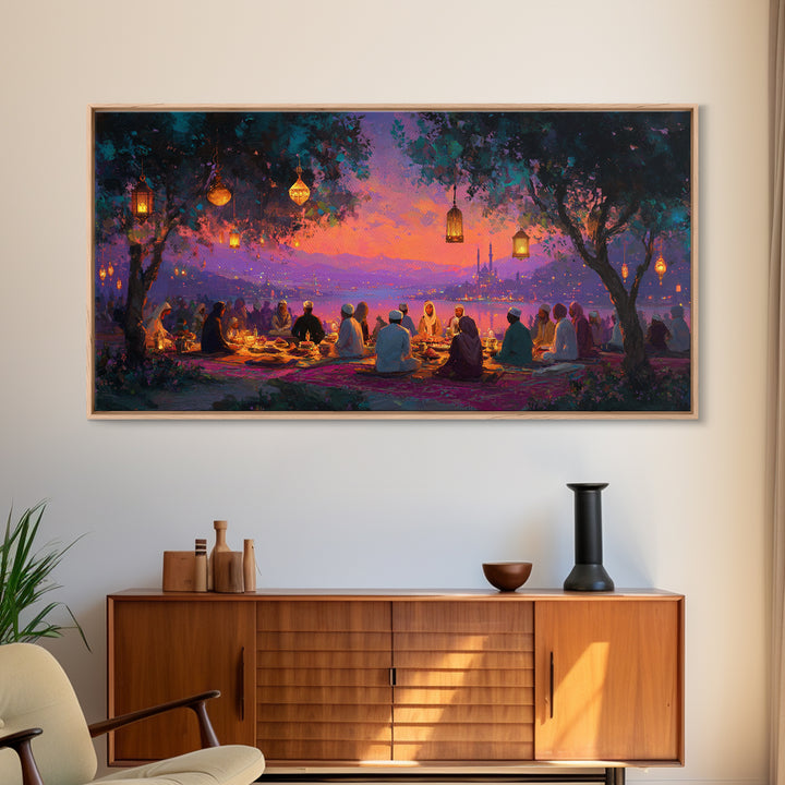 Lantern Lit Sunset Iftar Gathering Canvas Print, Islamic Wall Art, Ramadan Decor, Middle Eastern Home Decor Gift For Family
