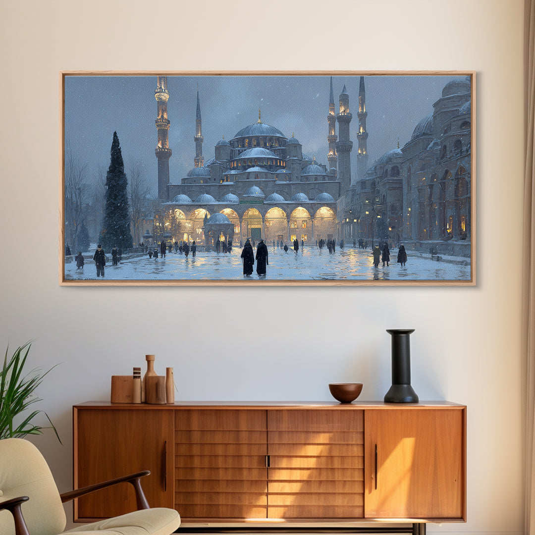 Snowy Istanbul Mosque Framed Canvas Print, Islamic Architecture Wall Art, Blue Winter Cityscape, Elegant Home Decor Gift