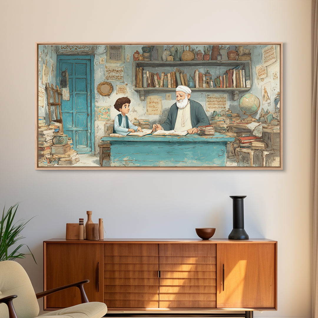 Wise Teacher And Child In Arabic Library Wall Art, Islamic Calligraphy Canvas Print, Scholarly Office Decor Gift For Teacher
