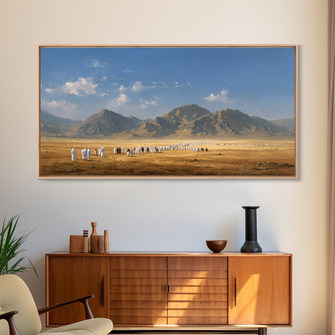 Desert Pilgrimage Beneath Rugged Mountains Framed Canvas Print, Islamic Wall Art, Panoramic Landscape Home Decor Gift Idea