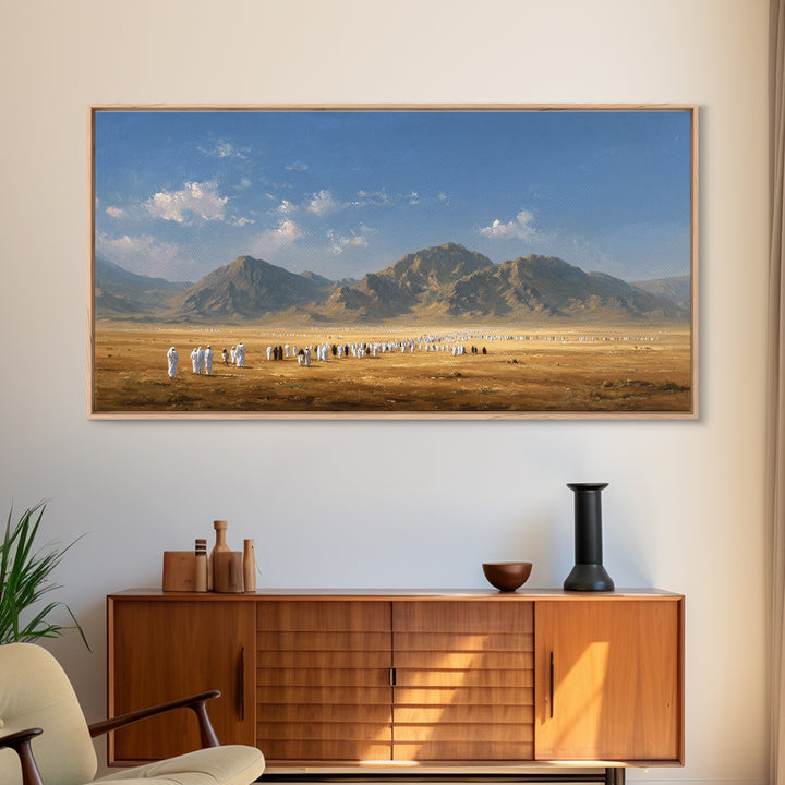 Desert Pilgrimage Beneath Rugged Mountains Framed Canvas Print, Islamic Wall Art, Panoramic Landscape Home Decor Gift Idea