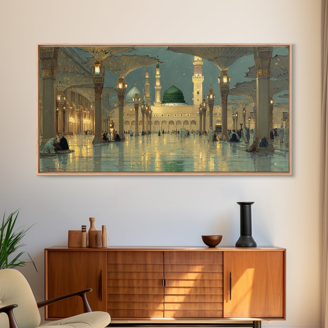 Golden Mosque Courtyard At Night Wall Art, Islamic Architecture Art Print, Serene Ramadan Decor And Muslim Gift For Prayer Room
