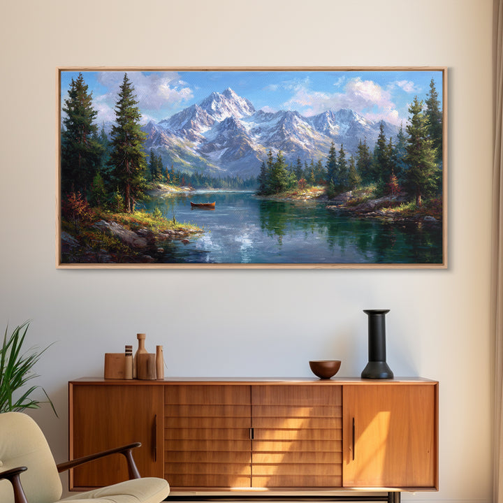 Snowy Mountain Lake With Canoe Framed Canvas Print, Alpine Landscape Wall Art, Rustic Cabin Decor, Nature Gift For Living Room