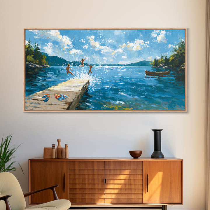 Summer Lake Dock Wall Art, Kids Swimming And Canoe Canvas, Bright Coastal Cabin Decor, Lake House Living Room Print Gift