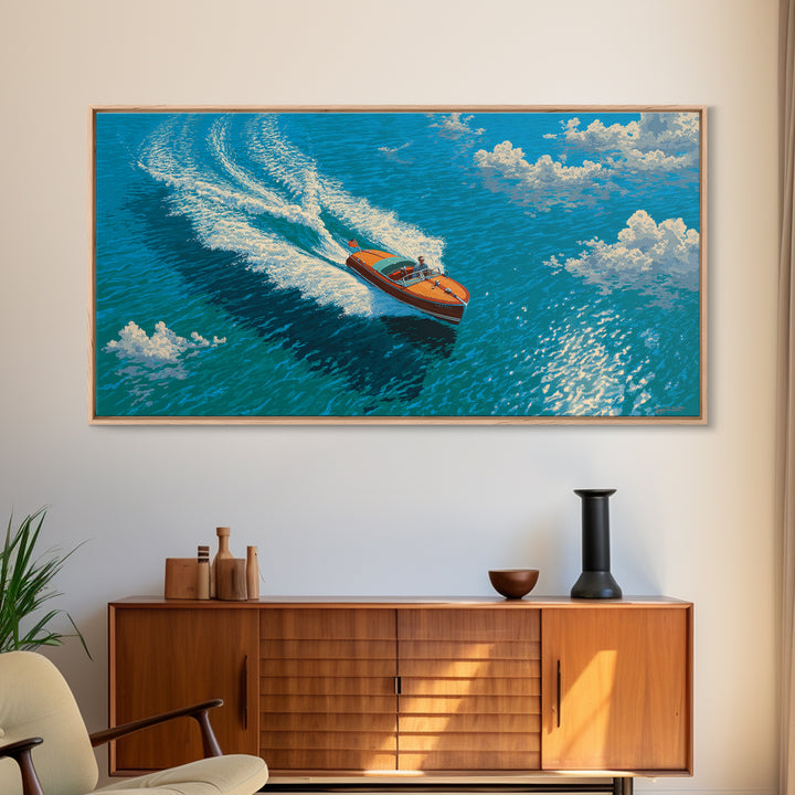 Orange Speedboat On Blue Ocean Canvas Print, Coastal Wall Art, Nautical Beach House Decor, Summer Travel Gift For Him, Art Print
