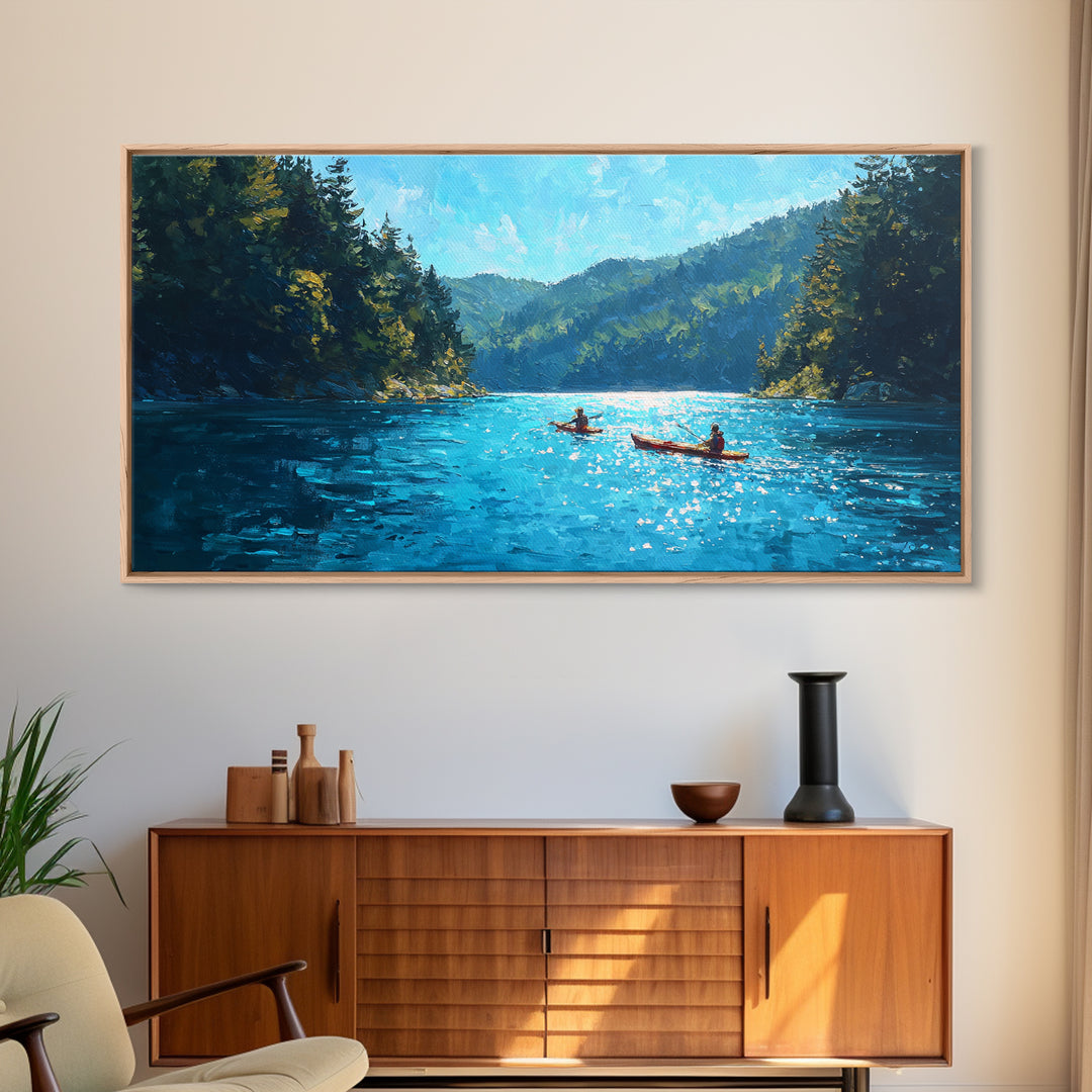 Kayakers On Blue Mountain Lake Wall Art, Forest Landscape Canvas Print, Calming Nature Decor, Serene Cabin Living Room Wall Art