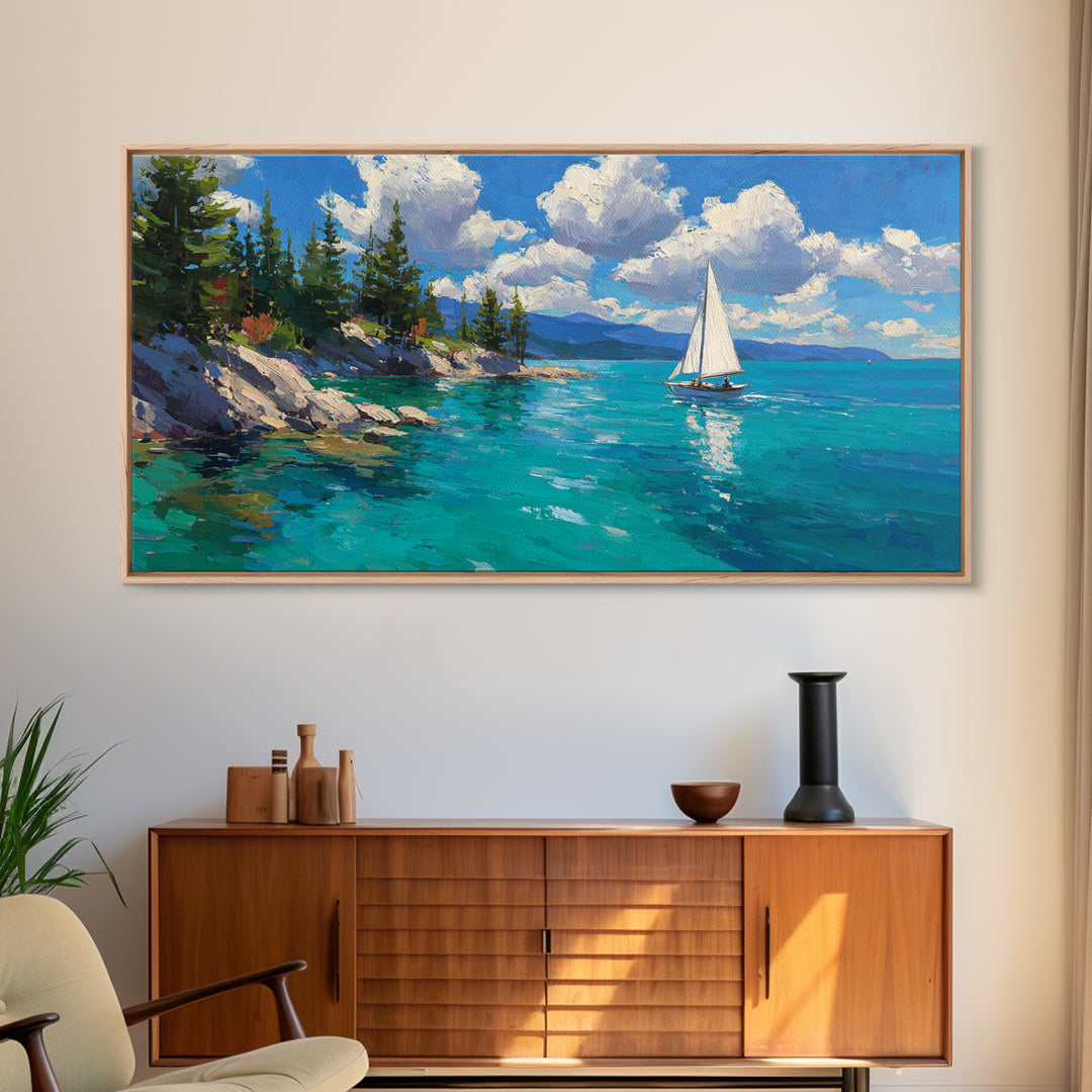 White Sailboat On Turquoise Lake Wall Art, Coastal Landscape Canvas Print, Nautical Decor, Beach House Living Room Wall Art