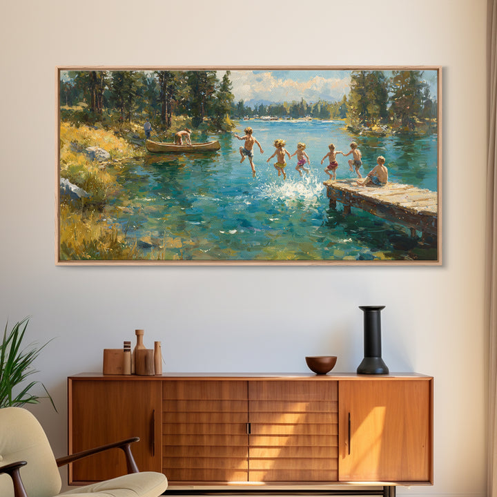 Children Jumping Into Summer Lake Canvas Print, Impressionist Landscape Wall Art, Cabin Decor, Lake House Art, Family Gift