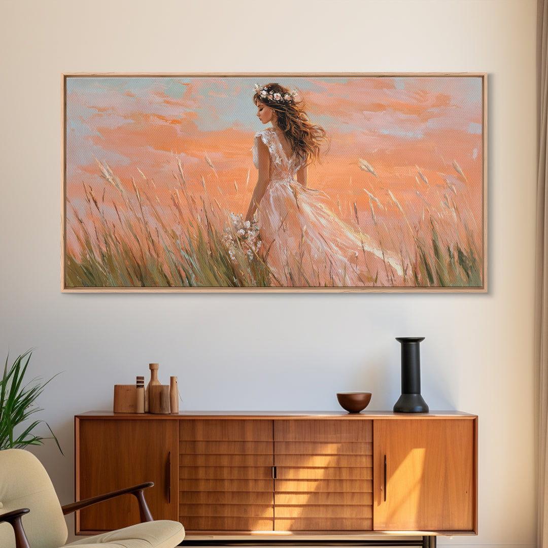 Boho Bride In Golden Meadow Canvas Print, Romantic Feminine Wall Art, Soft Peach Sunset Bedroom Decor, Wedding Gift For Her