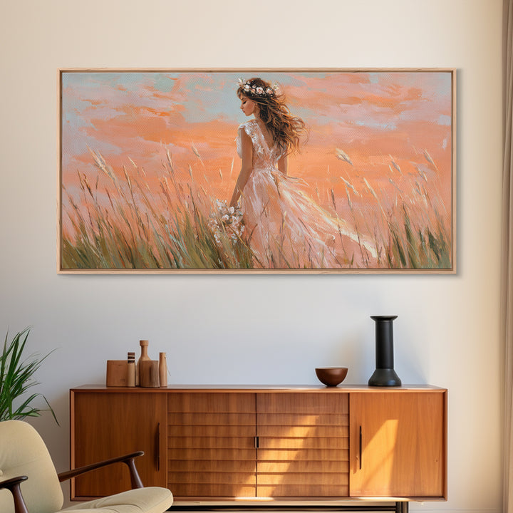 Boho Bride In Golden Meadow Canvas Print, Romantic Feminine Wall Art, Soft Peach Sunset Bedroom Decor, Wedding Gift For Her
